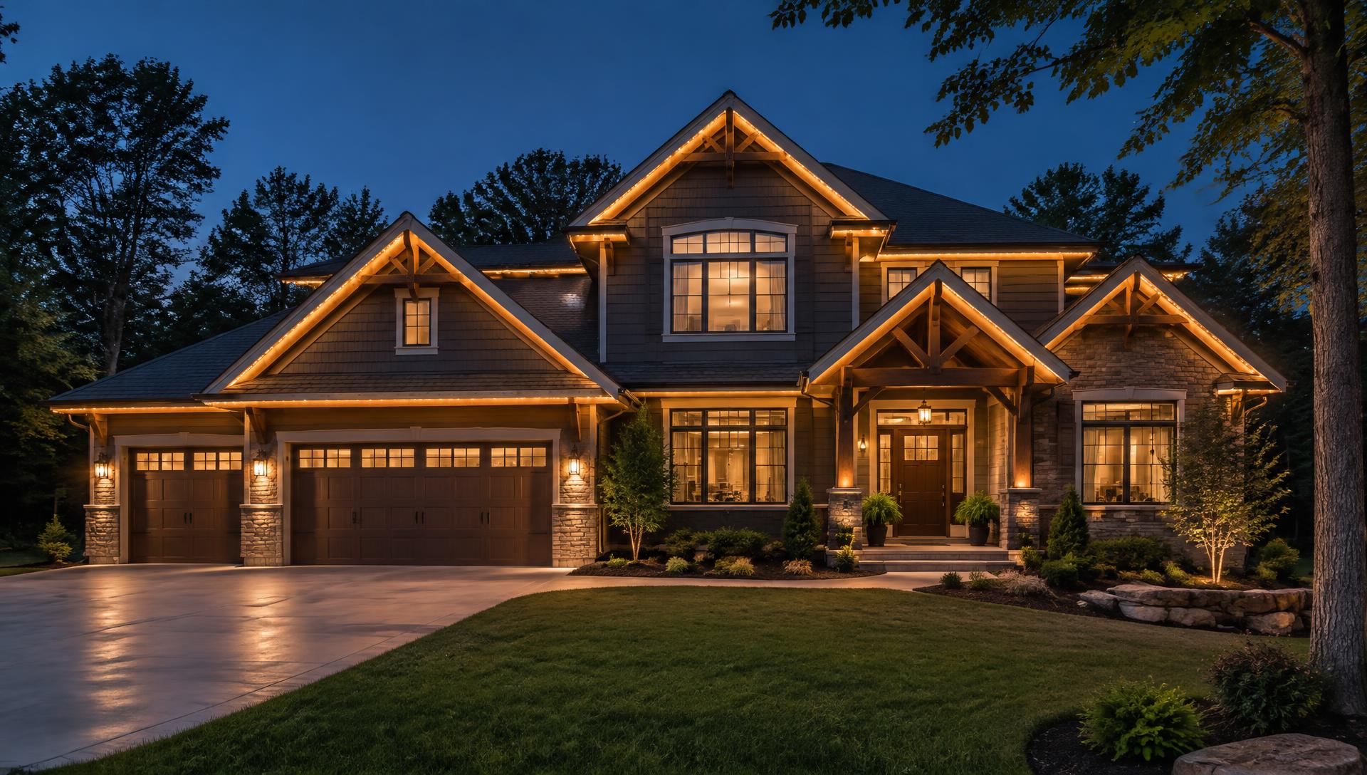 Joplin-area home with permanent roofline lighting and a freshly cleaned exterior at dusk